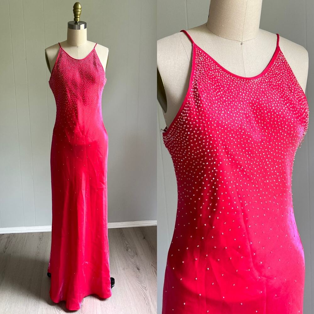 Vintage 90s Y2K Hot Pink Beaded Formal Gown Dress 8P Barbie Pageant Prom Evening